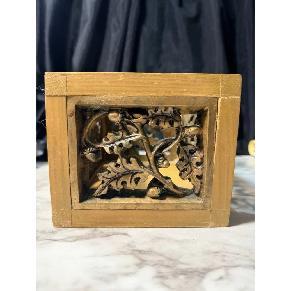 Heavy Solid Wood Decorative Box w/ Carved Acorn & Oak Leaf Panels 6×5×4.5 (2757)